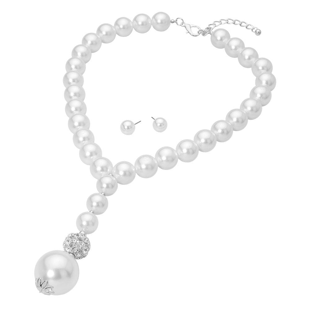 Classic Bold Pearl Beaded Y Shape Statement Necklace and Stud Earrings Set White