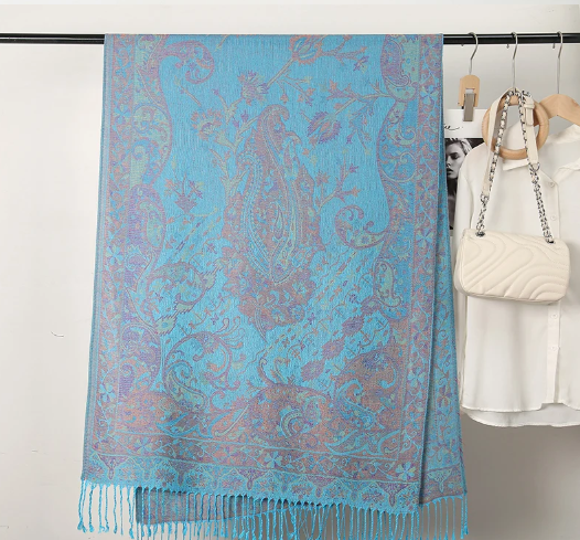 75x28 Inch Thick Paisley Print Pashmina Scarf for Women Tassel Shawl Wrap Blue