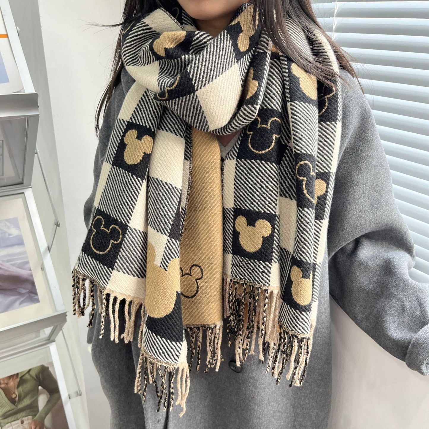 Plaid Mouse Print Scarf Women's Warm Winter Checkered Fringe Wrap