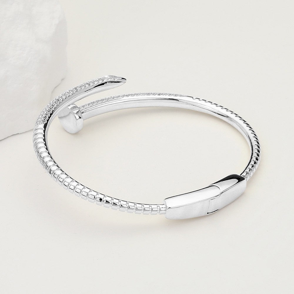 Silver Nail Bangle Bracelet Pave Crystal Accents Hinged Cuff 0.6 Inch High