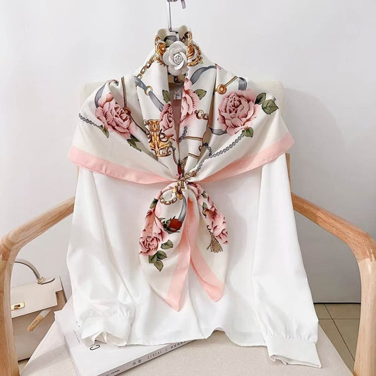 Floral Rose Silk Blend Square Scarf Pink Gold Chain Print Elegant Neck Head Wrap