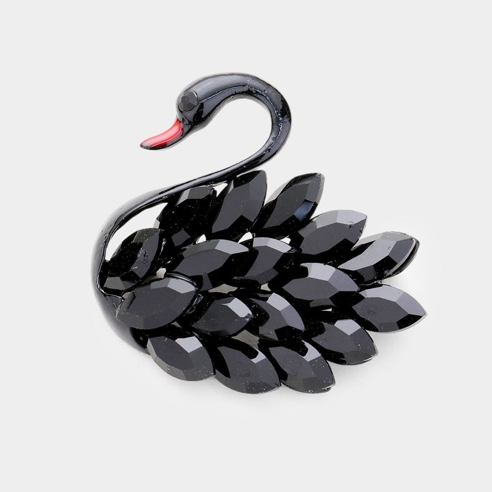 2PCs Crystal Swan Brooch Set Black & Silver Bird Pin Wedding Statement Gift