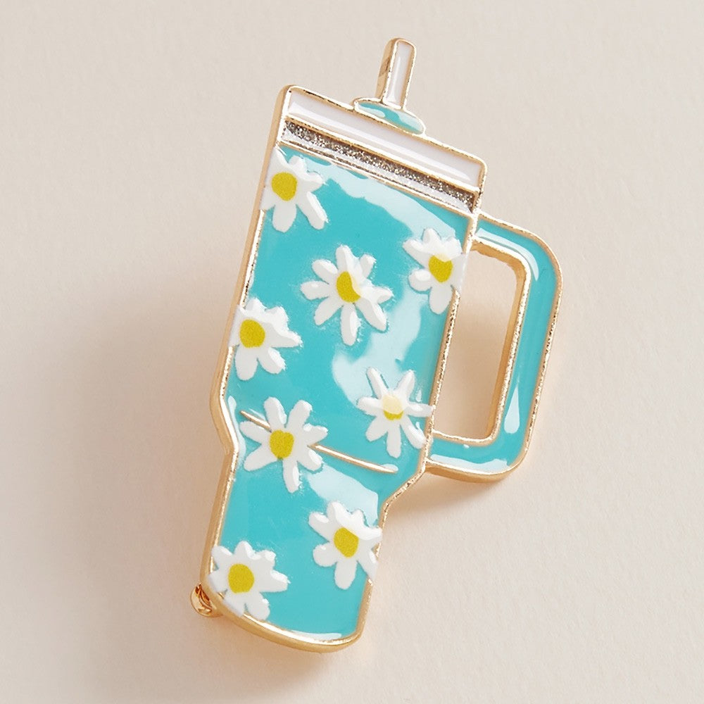 2pcs Teal Daisy Tumbler Enamel Gold-Tone Statement Brooch Set