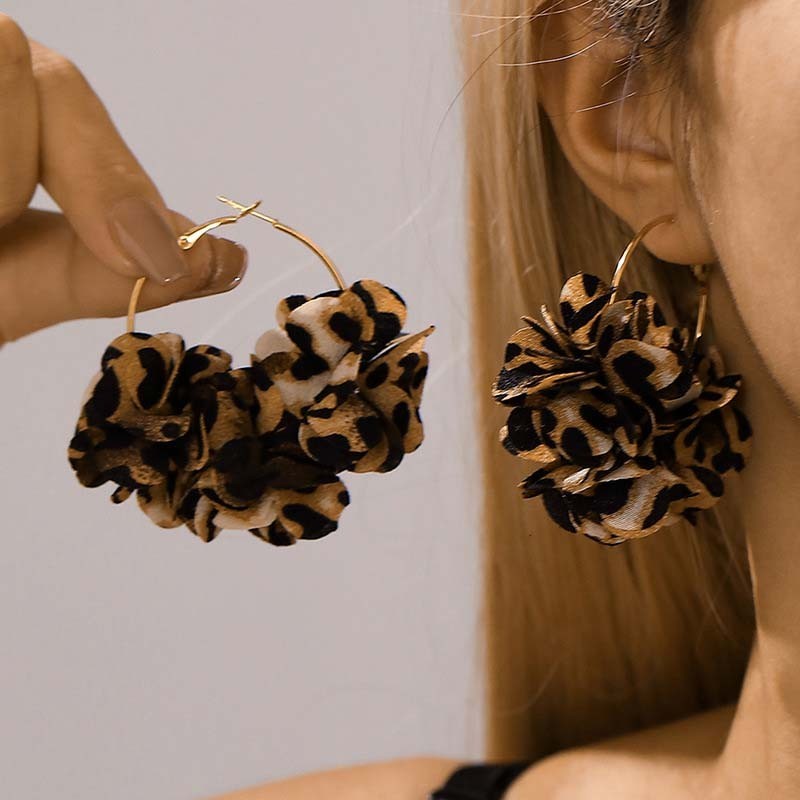 Leopard Print Flower Hoop Earrings Fabric Cluster Oversized Statement Jewelry