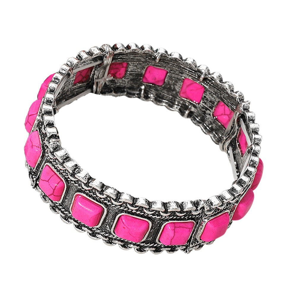 Western Charm Stretch Bracelet Antique Metal with Pink  Color Stones