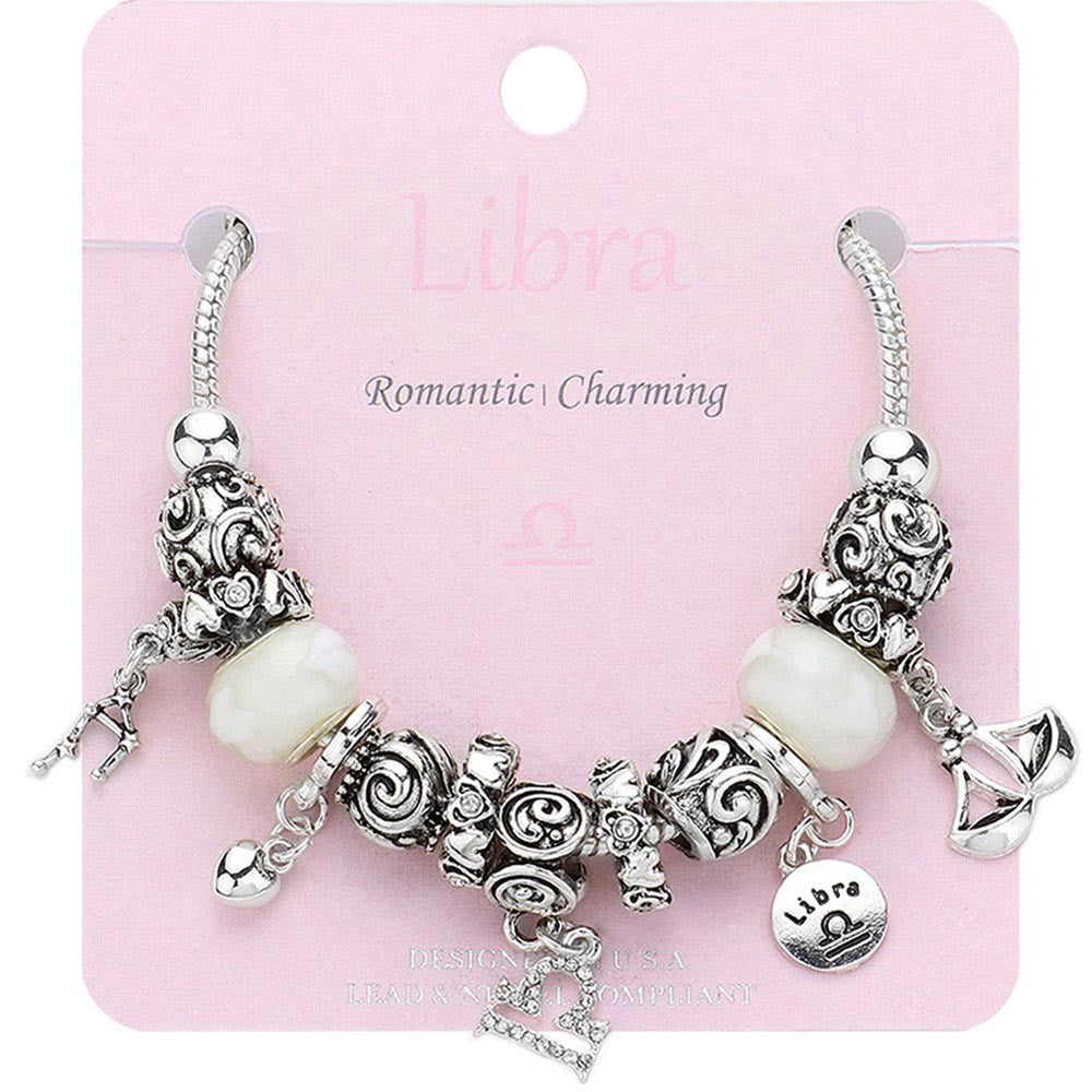 Libra Zodiac Multi-Bead Charm Bracelet – Silver Tone Astrology Jewelry