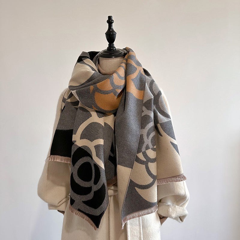 Black Gray Tan Oversized Camellia Floral Winter Blanket Scarf Shawl Wrap