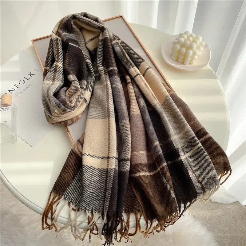 Elegant Plaid Tassel Scarf for Women & Men Brown & Beige Winter Shawl Fall Wraps