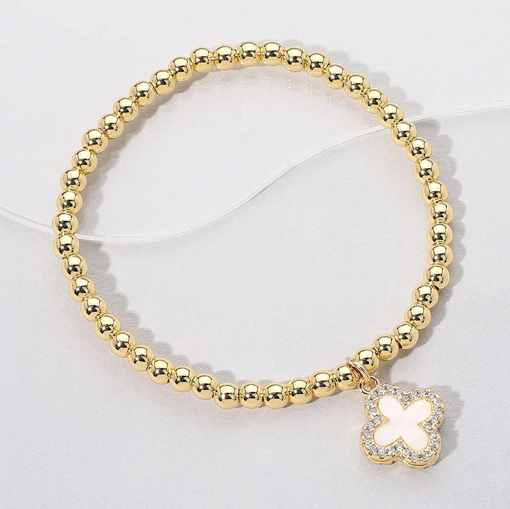 Reversible Stainless Steel Quatrefoil Beaded Stretch Bracelet – Mother of Pearl