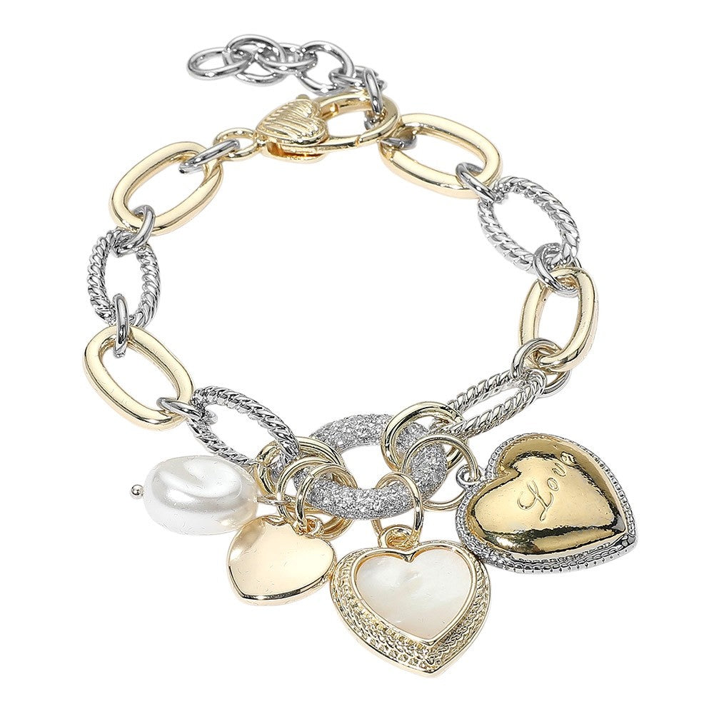 Mixed Metal Gold Silver Heart Charm Pearl Link Chain Bracelet 8" + 1.5"