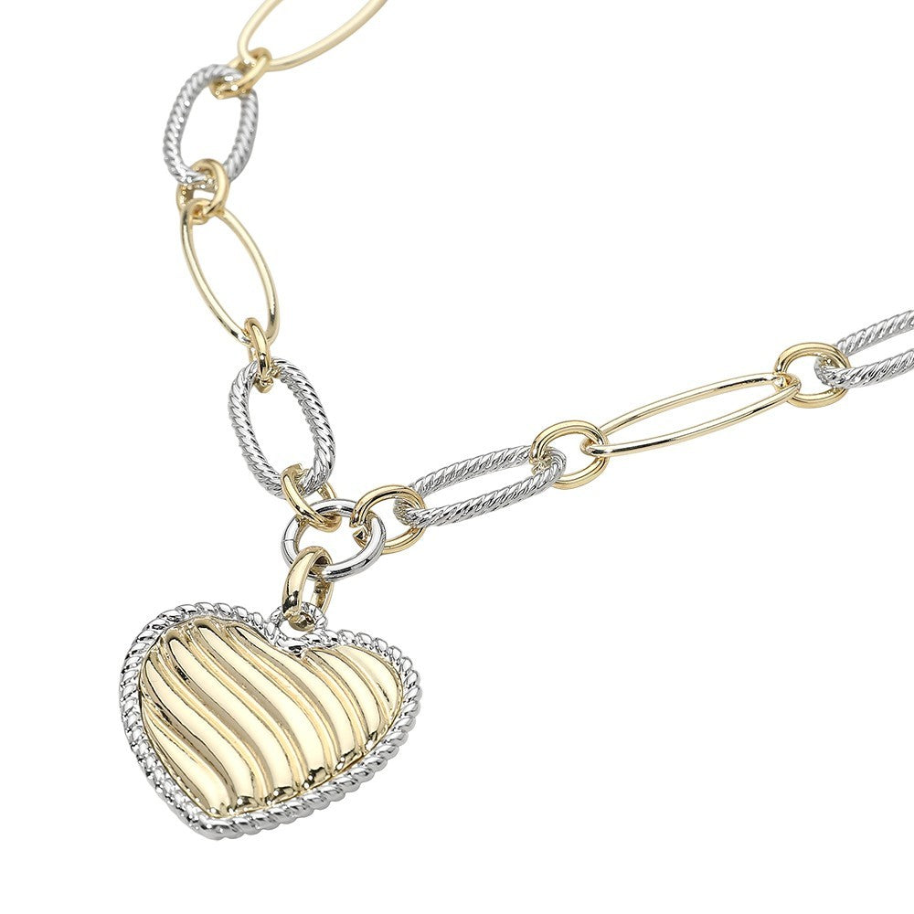 14K Gold Plated Two Tone Oval Link Bold Chain Textured Heart Pendant Necklace