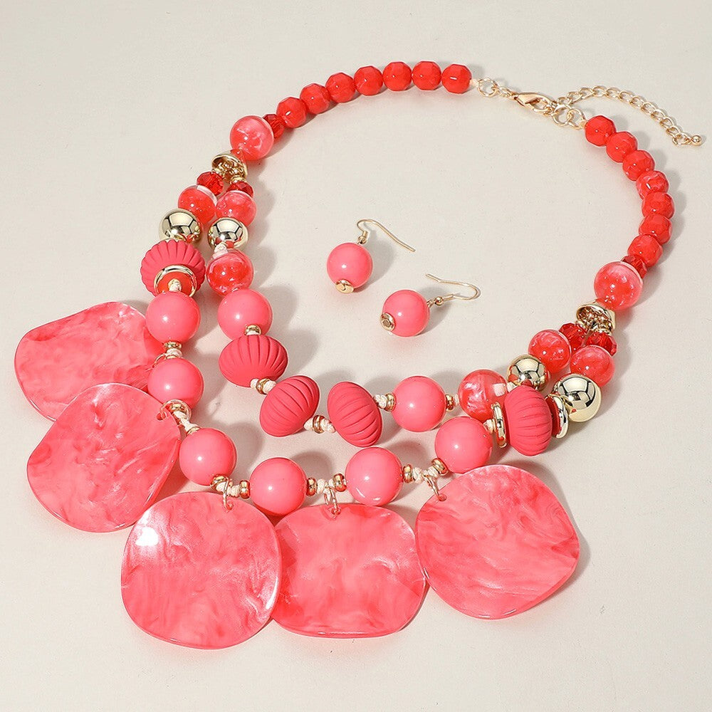 Chunky Wavy Resin Disc Beaded Necklace Double Layered Statement Jewelry
