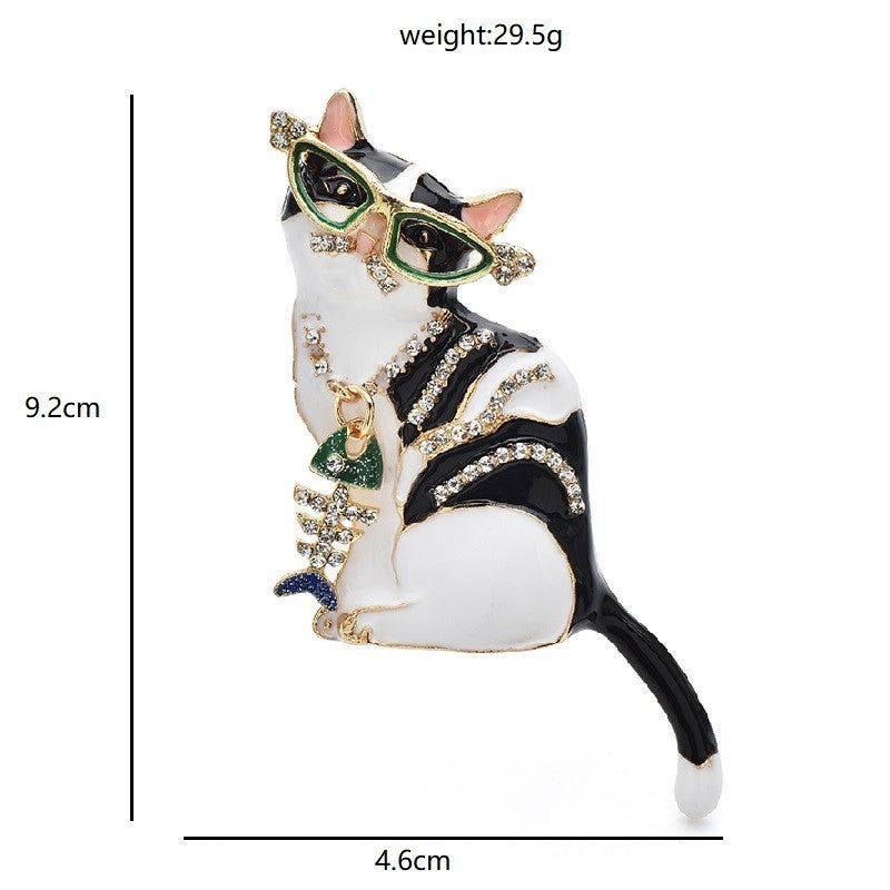 Cool Cat Rhinestone Brooch Pin Black White Stripes Green Glasses Fishbone