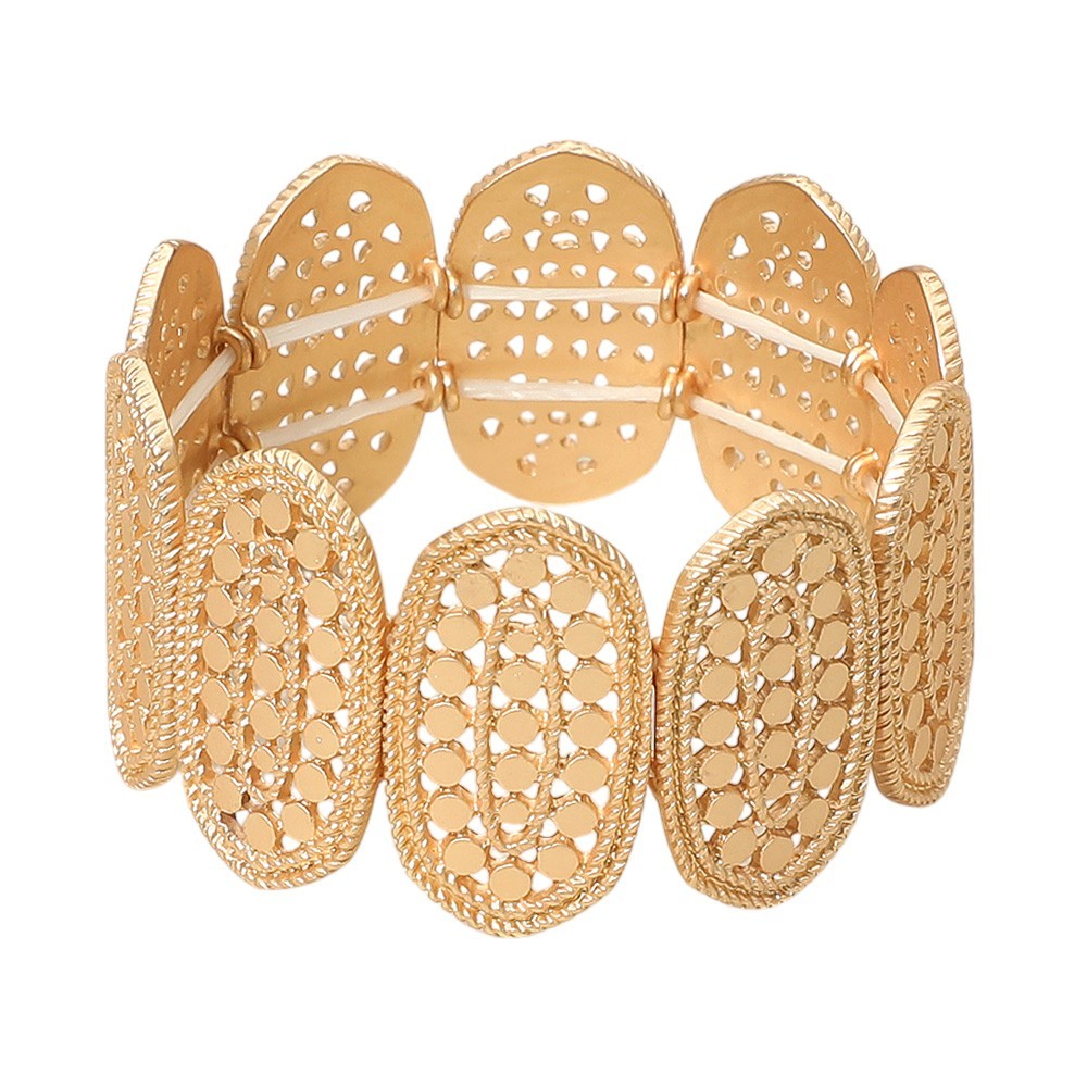 Gold Tone Textured Cutout Oval Panel Wide Stretch Bracelet Women’s Fashion