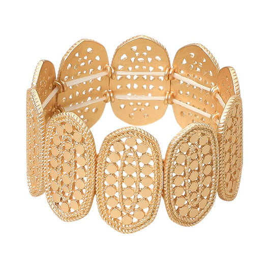 Gold Tone Textured Cutout Oval Panel Wide Stretch Bracelet Women’s Fashion