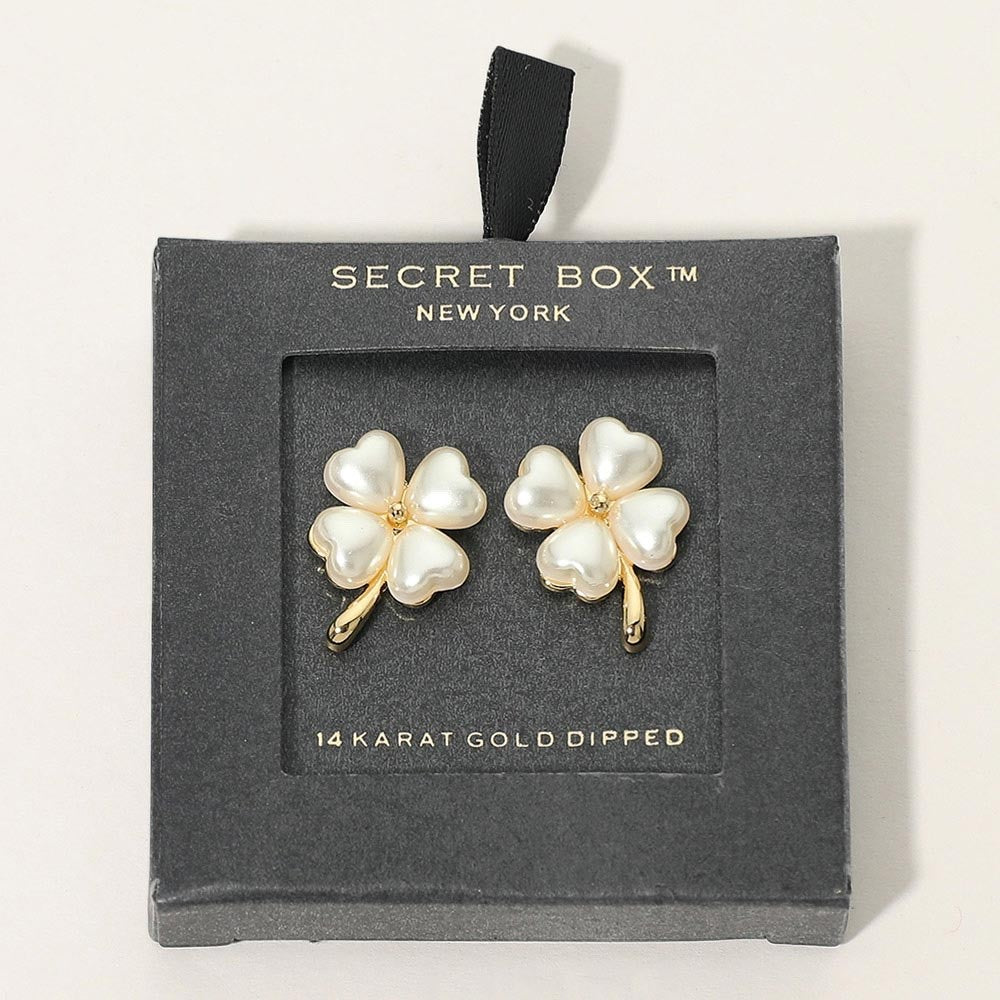 14K Gold Dipped Faux Pearl Clover Heart Petal Stud Earrings