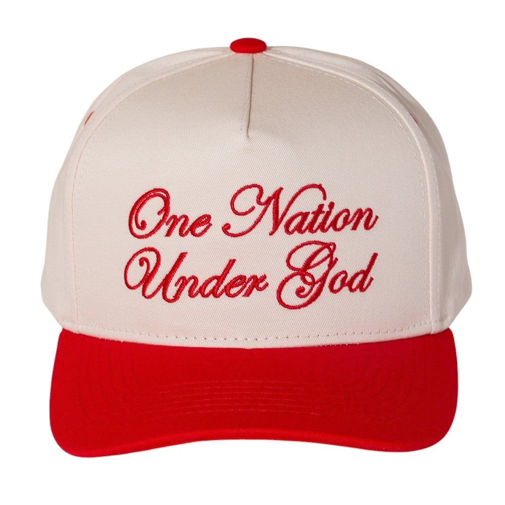 One Nation Under God Embroidered Baseball Cap - Cream & Red Snapback Trucker Hat