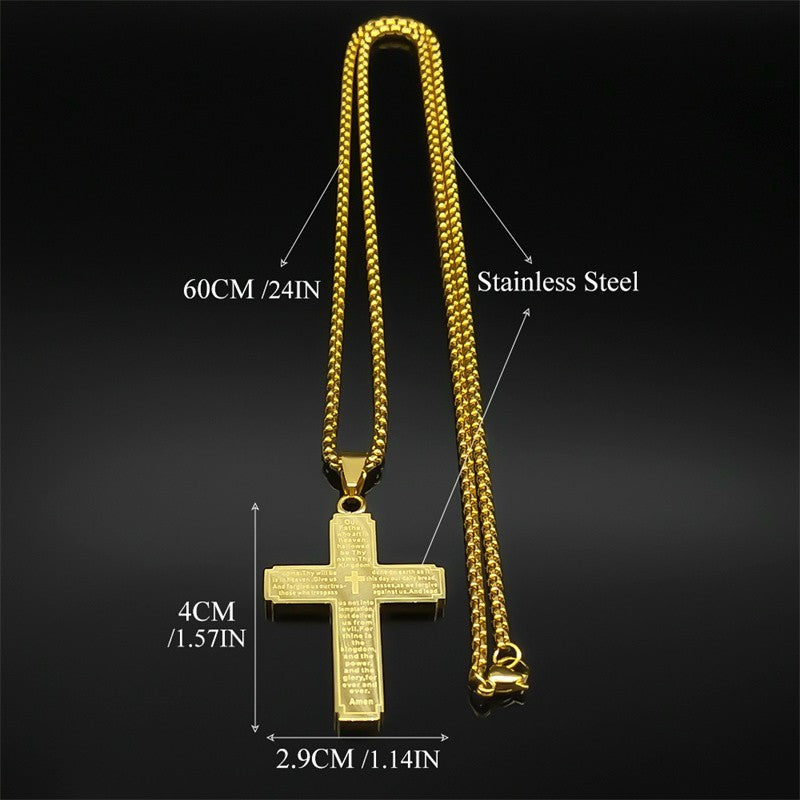 Gold Stainless Steel Cross Pendant Necklace with Lord’s Prayer Engraving Christi