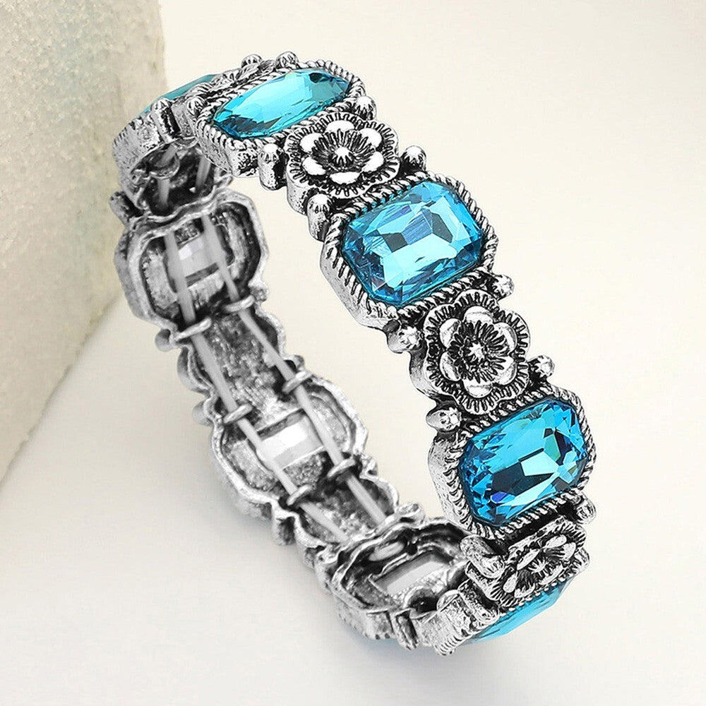Western Rectangle Stone Cluster Flower Link Stretch Bracelet for Women