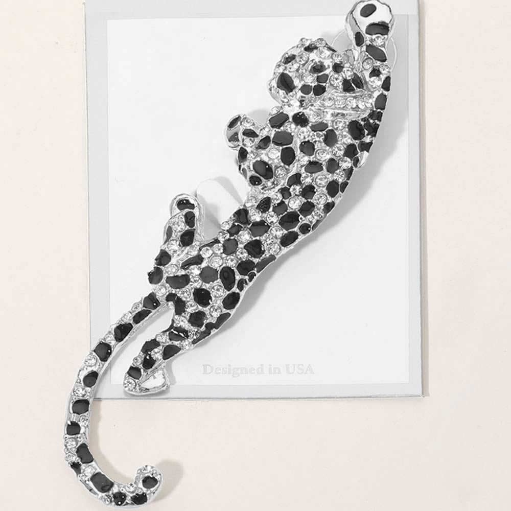 Silver Tone Sparkling Rhinestone Leopard Brooch Pin Prowling Cheetah Jewelry 4.2