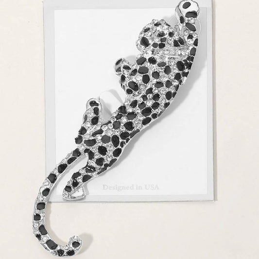 Silver Tone Sparkling Rhinestone Leopard Brooch Pin Prowling Cheetah Jewelry 4.2