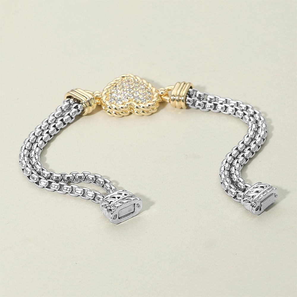 Two-Tone CZ Pave Heart Box Chain Bracelet Adjustable Magnetic Clasp Gift