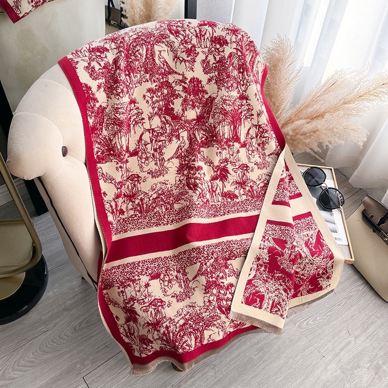 Oversized Red Beige Toile De Jouy Print Blanket Scarf Shawl Wrap Fringed Warm Gi
