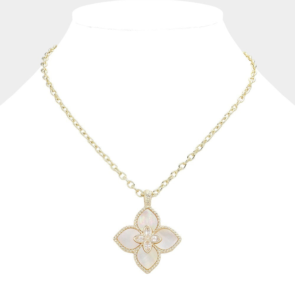 14K Gold Plated Mother of Pearl Clover Pendant Necklace CZ Stone Women Fashion