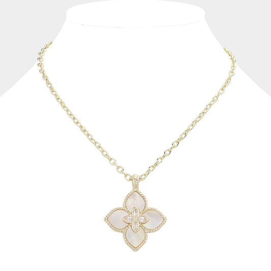 14K Gold Plated Mother of Pearl Clover Pendant Necklace CZ Stone Women Fashion