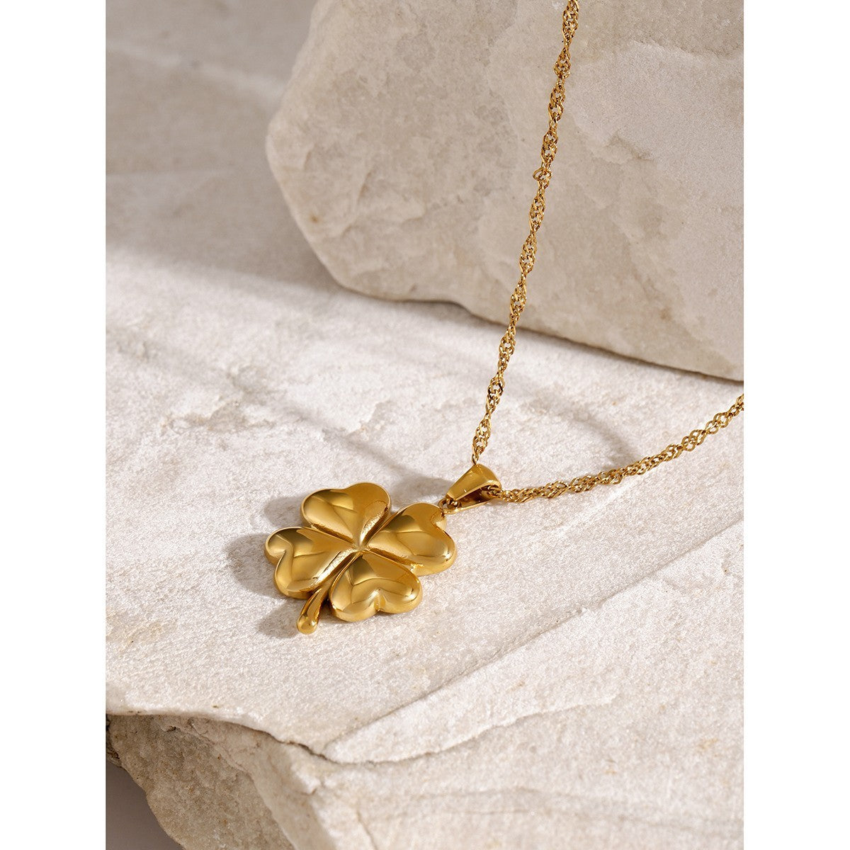 Waterproof Gold Four Leaf Clover Necklace Stainless Steel Twisted Chain 17.7"+2"