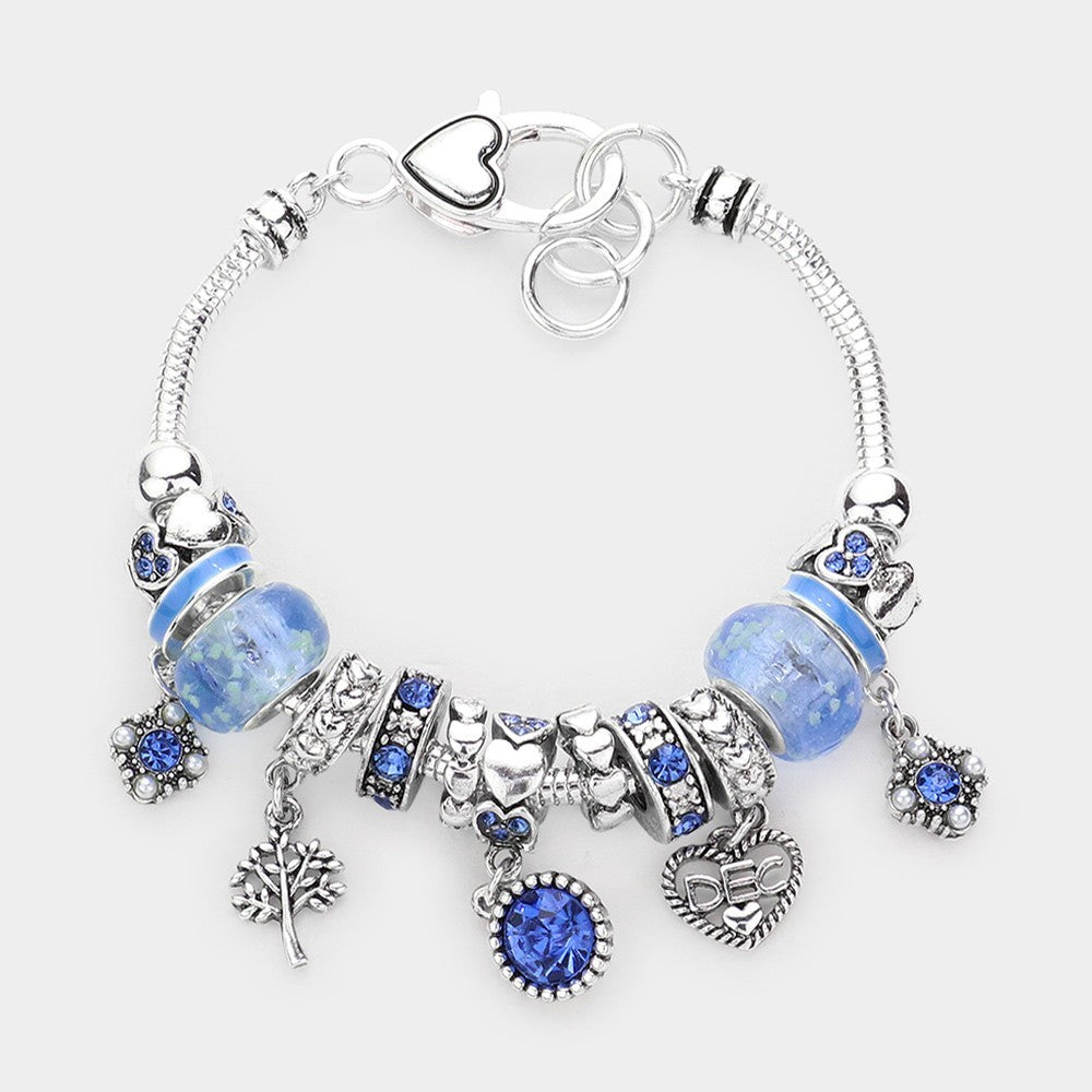 December Birthstone Charm Bracelet|  Blue Beaded Silver Tone Jewelry for Women