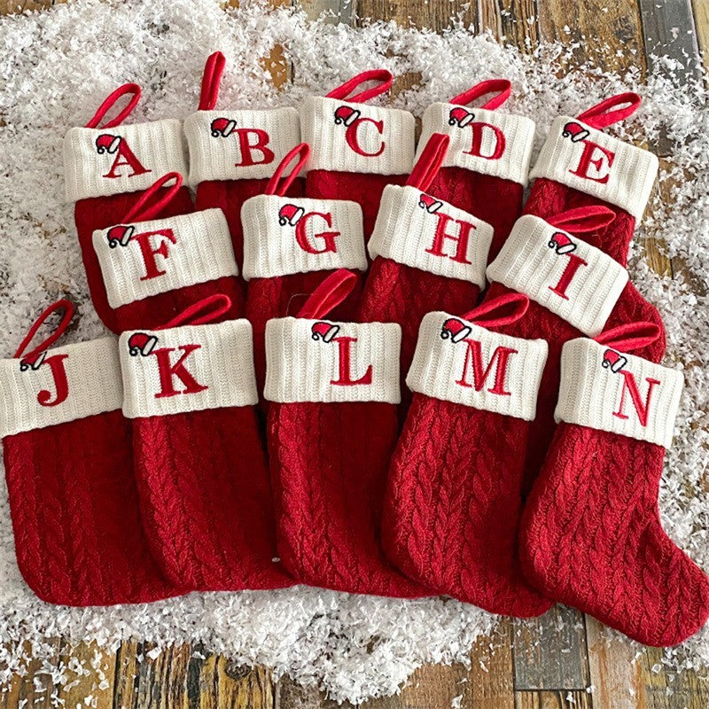 2pcs Personalized Knit Mini Christmas Stockings Monogram Ornament Letter A-Z Red