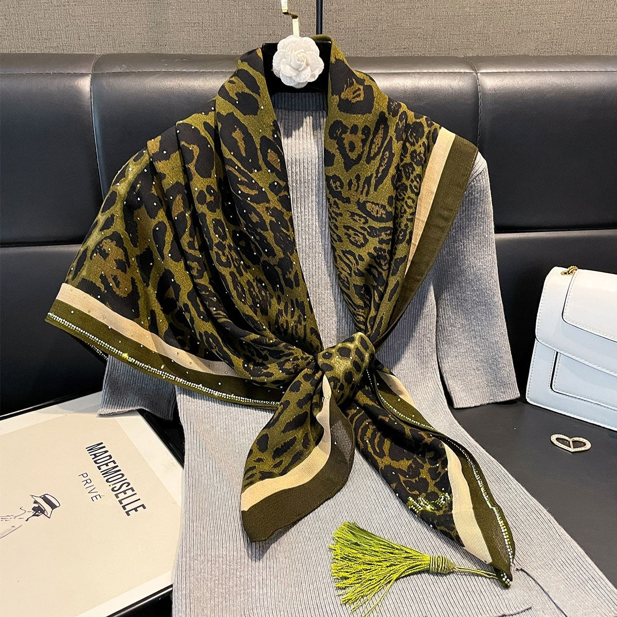 Elegant Green Leopard Print Rhinestone Tassel Scarf Shawl Wrap for Women