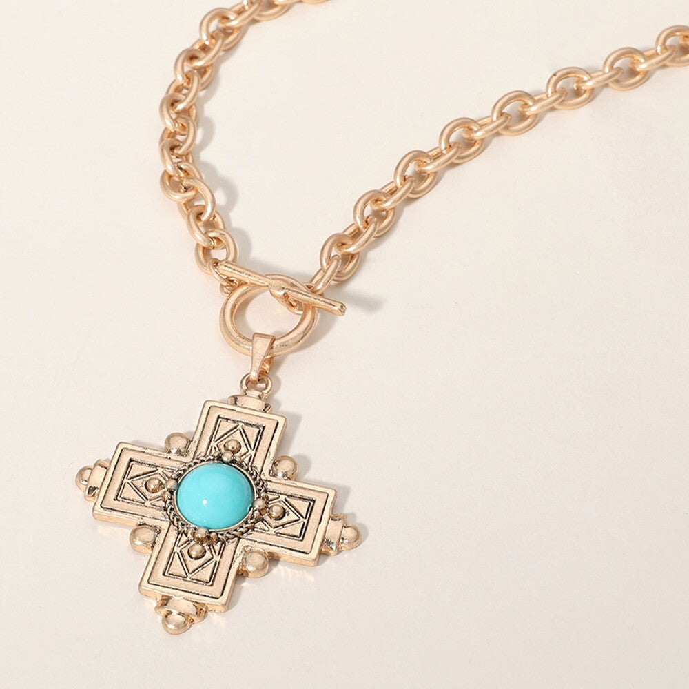 Turquoise Stone Cross Pendant Chunky Chain Necklace Statement Jewelry