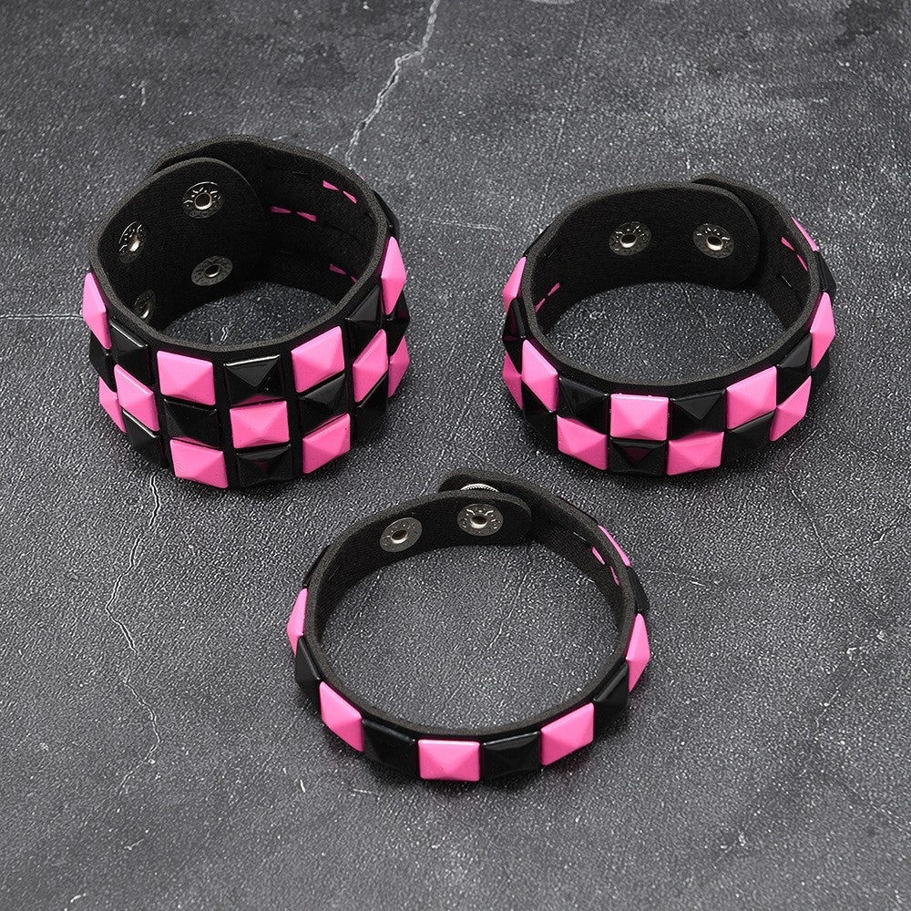 3pc Pink Black Studded Bracelet Set Punk Rock Goth Emo Faux Leather Wristband