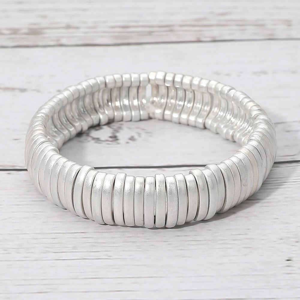 Silver Metallic Elastic Multi-Disc Stretch Bracelet for Men and Women, 0.6"
