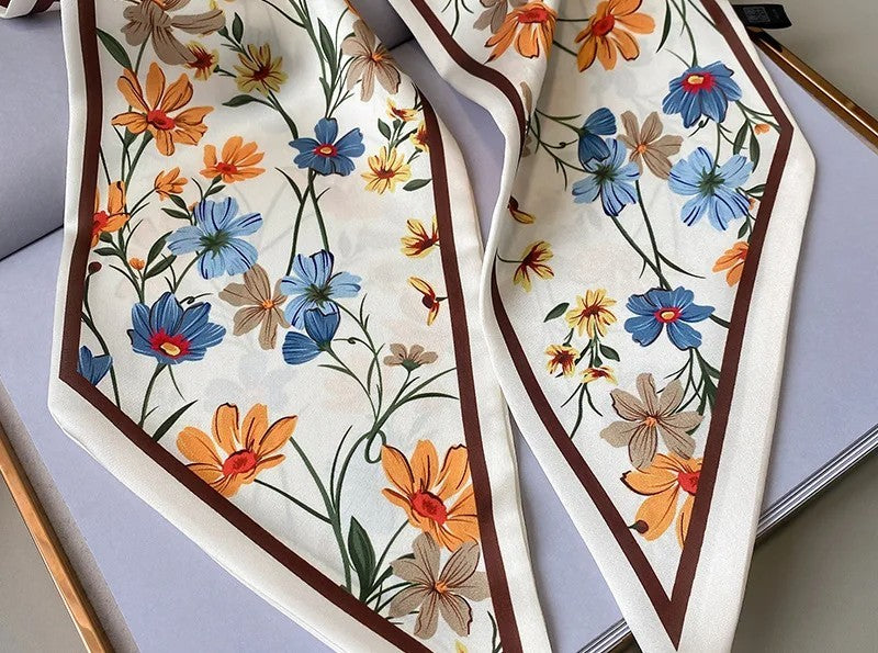 2 Pack Black White Floral Skinny Scarf Set Twilly Foulard Thin Neck Tie Ribbons