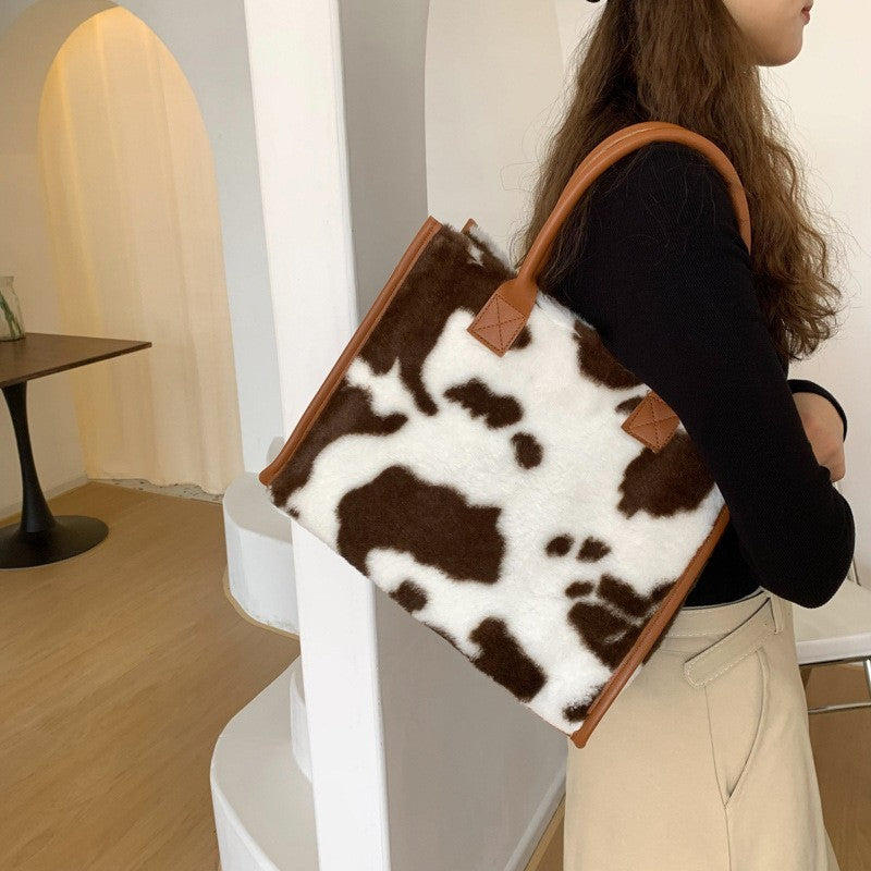 Plush Cow Print Tote Bag Handbag Fuzzy Faux Fur Shoulder Bag
