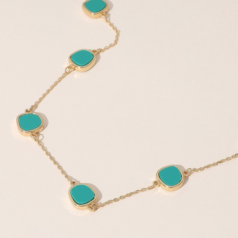 Gold Tone Turquoise Stone Station Necklace Minimalist Boho Dainty Style Jewelry