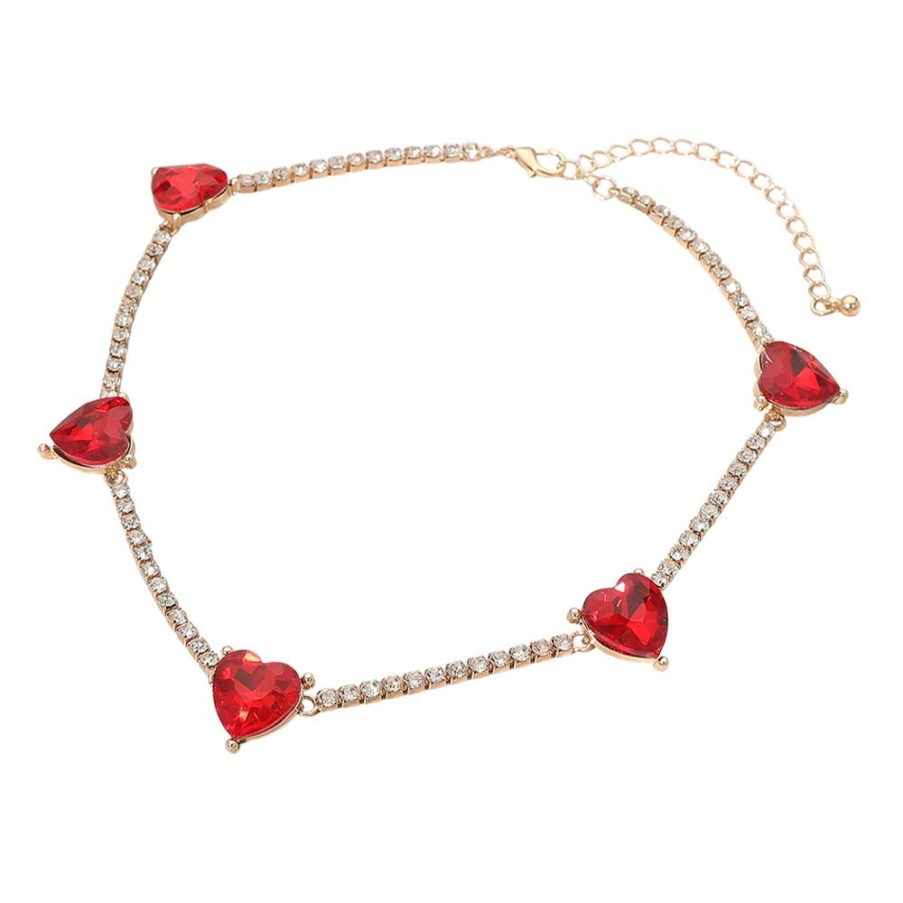 Red Heart Tennis Necklace Gold Tone Rhinestone Crystal Choker Adjustable 14.5"