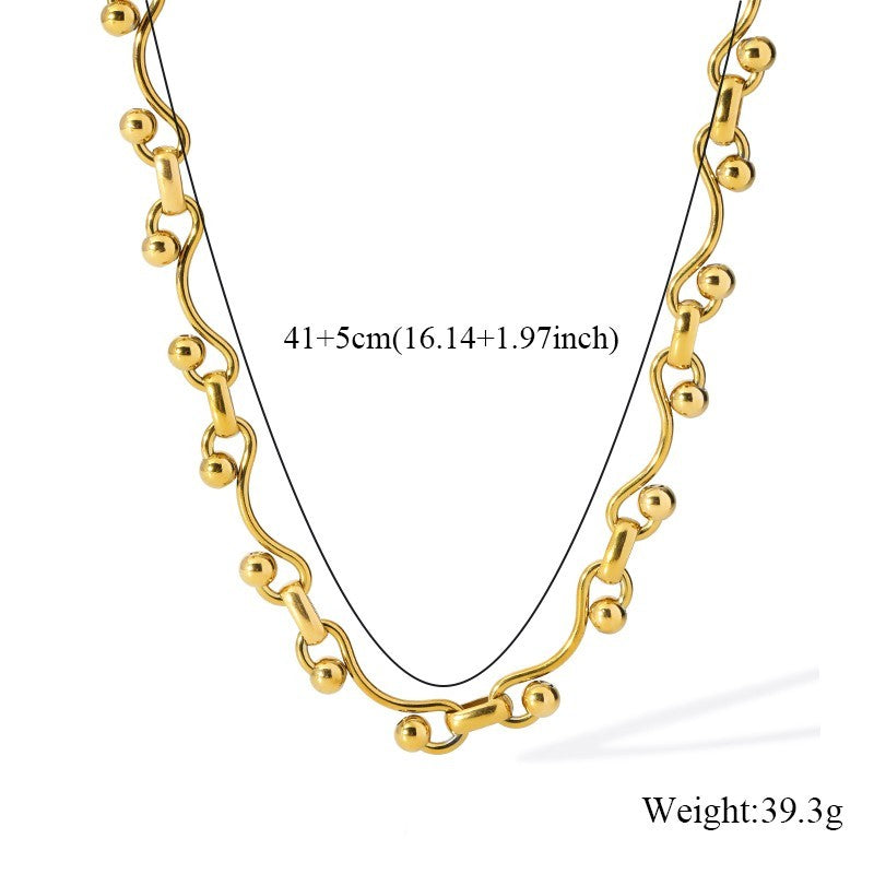 Gold Tone Wavy Ball Link Necklace Bracelet Set Stainless Steel Jewelry