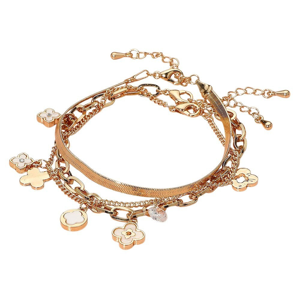 Gold Quatrefoil Charm Layered Bracelet Set 3PCS Snake Chain Link Women Jewelry
