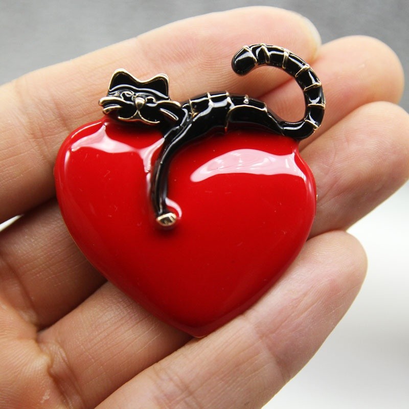 Playful Black Cat Brooch Pin - Red Heart Enamel Animal Jewelry