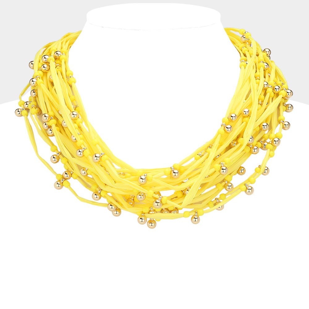 Multi Layered Metal Ball Beads Raffia Thread Statement Necklace Women’s Fashion