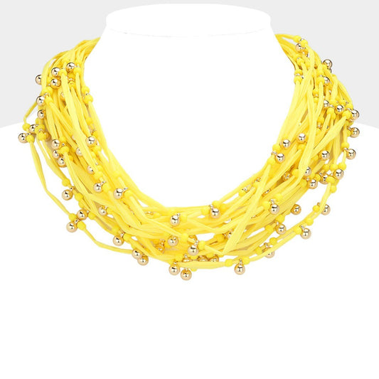 Multi Layered Metal Ball Beads Raffia Thread Statement Necklace Women’s Fashion