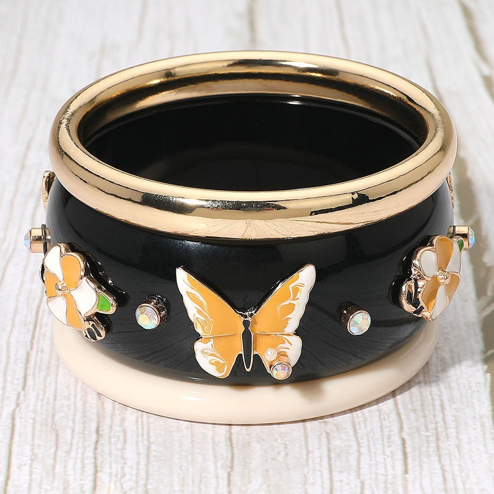 3PC Butterfly Floral Bangle Bracelet Set Black Gold Ivory Enamel Jewelry