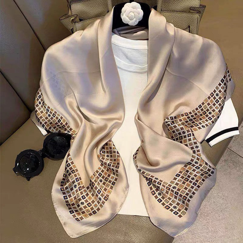 Luxury Champagne Silk Feel Square Scarf Geometric Diamond Border Neckerchief