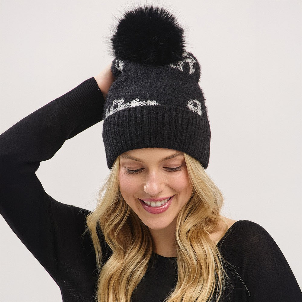 Women's One Size Paid Pattern Faux Fur Mixed Fleeced Pom Pom Winter Beanie Hat