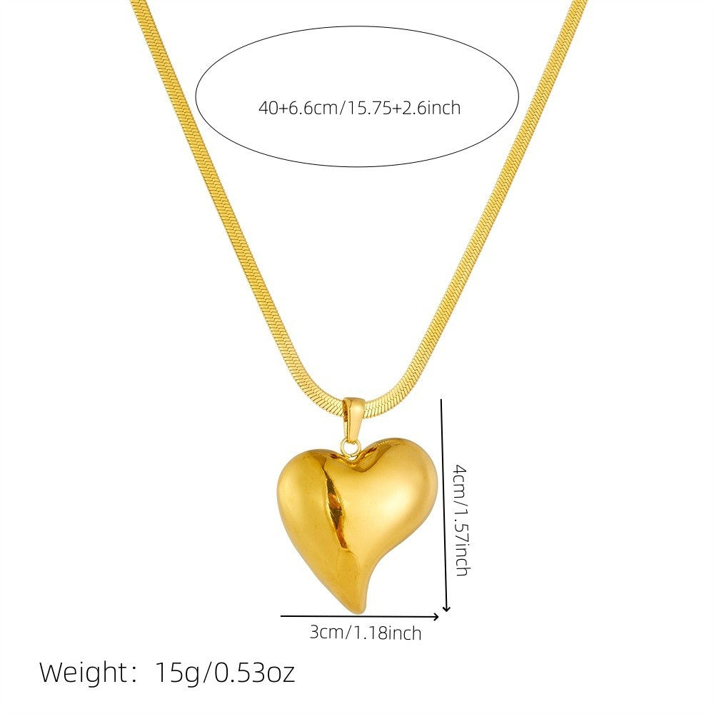 Gold Puffy Heart Necklace Herringbone Chain Statement Jewelry Gift for Her