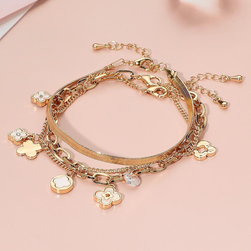 Gold Quatrefoil Charm Layered Bracelet Set 3PCS Snake Chain Link Women Jewelry